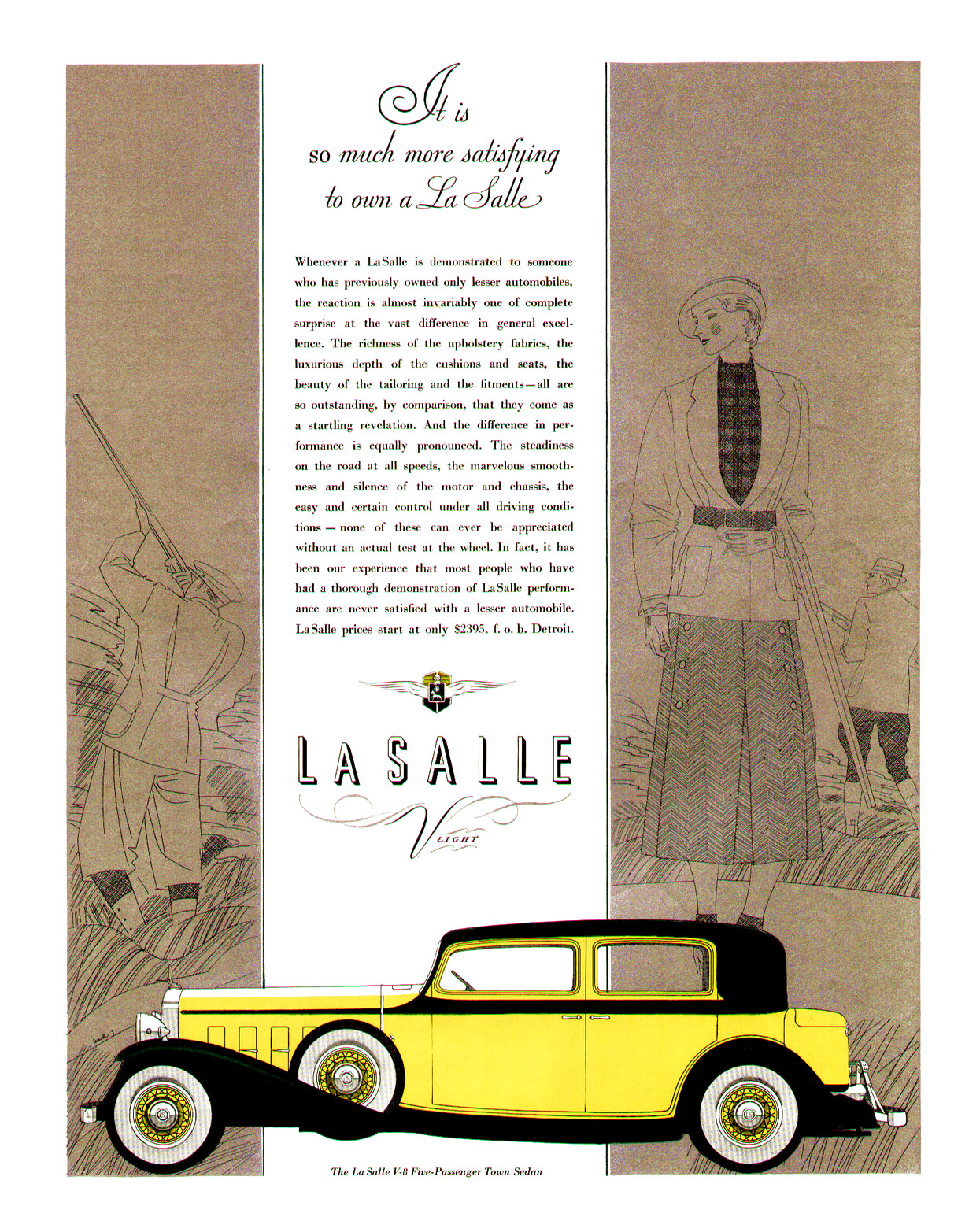 LaSalle V-8 Ad (1932): Five-Passenger Town Sedan - Illustrated by Robert Fawcett